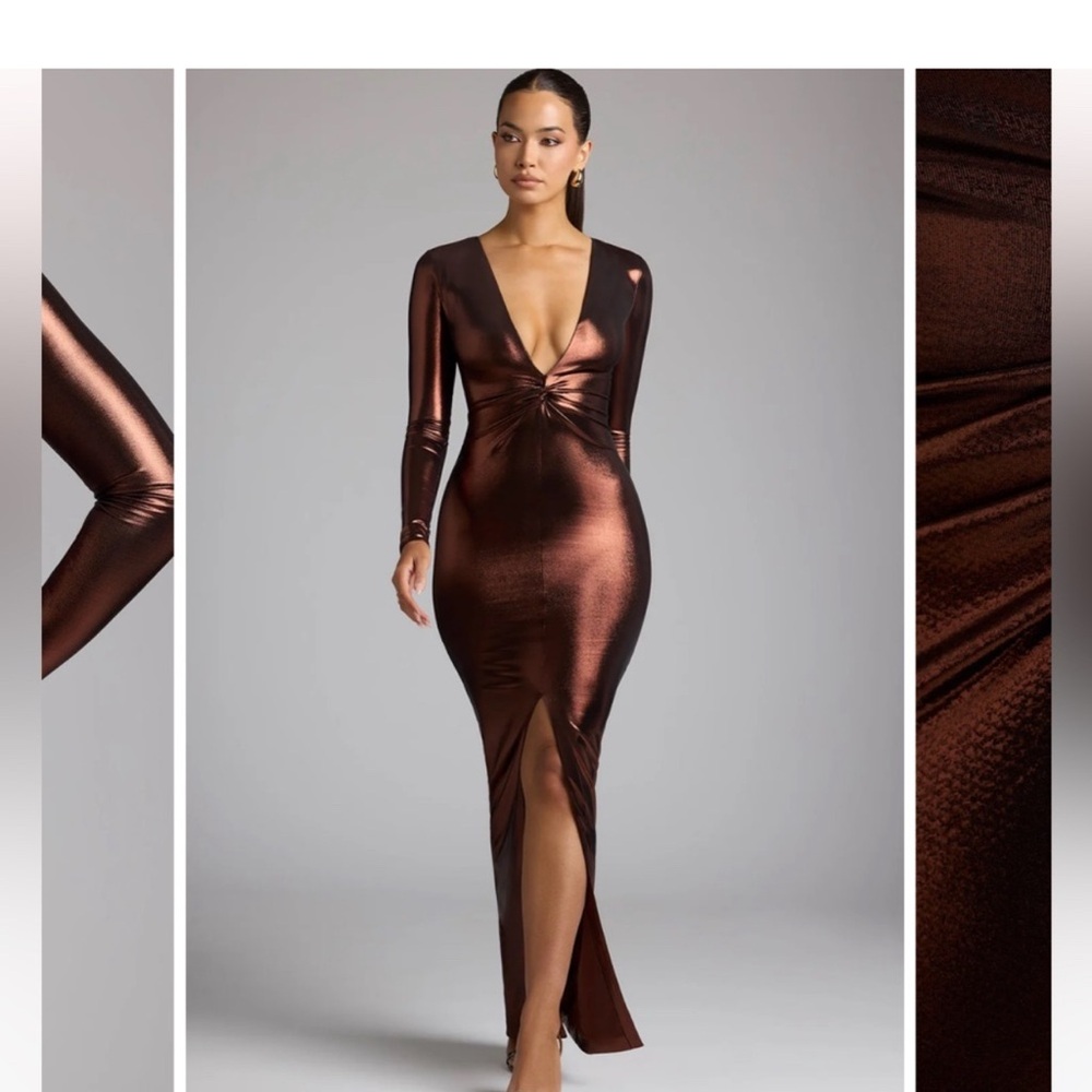 Oh Polly Safiya Shimmering Copper Long Sleeve Dress NWT